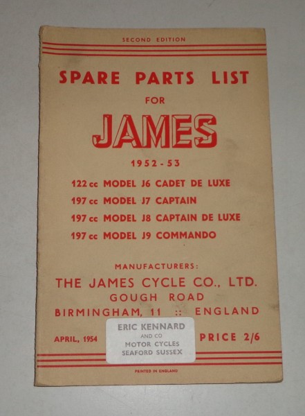 Teilekatalog / Spare Parts List James J6 / J7 / J8 / J9 - for 1952-1953 Models