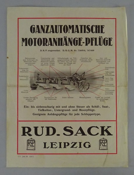 Prospekt / Prospektblatt Ganzautomatische Motoranhänge-Pflüge Stand 1924