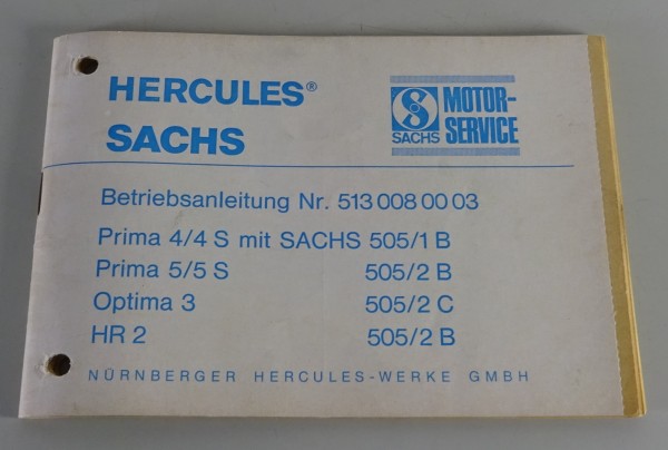 Betriebsanleitung / Handbuch Hercules Mofa Prima 4/4 S, 5/5 S, Optima 3, HR 2