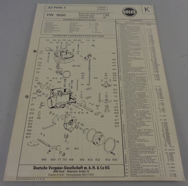 Datenblatt Solex Vergaser Typ 32 PHN-1 für VW 1500 Typ 3