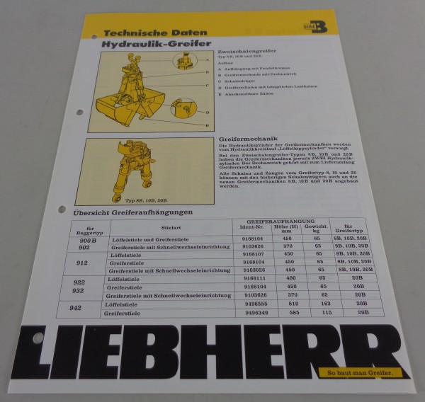 Datenblatt / Technische Beschreibung Liebherr Hydraulik-Greifer von 09/1988