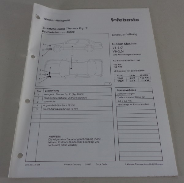 Einbauanweisung Webasto Standheizung Thermo Top T Nissan Maxima Stand 1995