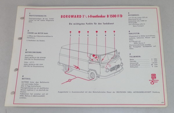 Shell Schmierplan für Borgward 1,5 t-Frontlenker B 1500 F/D Stand 04/1959