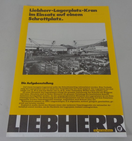 Prospekt Liebherr Lagerplatz-Kran im Einsatz auf einem Schrottplatz II. von 1974