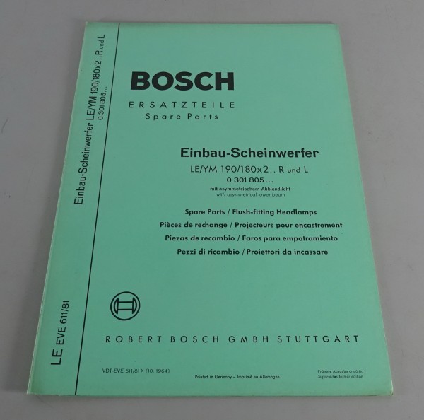 Teilekatalog Bosch Einbau-Scheinwerfer LE/YM 190/180x2.. R & L Stand 10/1964