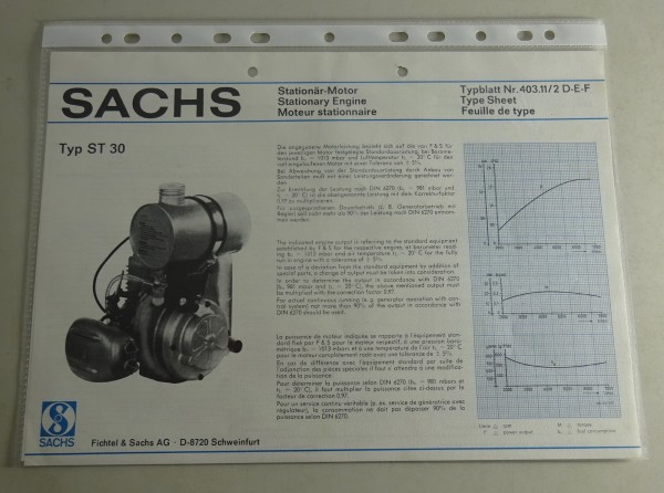 Typenblatt /Technische Daten Sachs Typ ST30 Stand 07/1976 Blattnr. 403.11/2D-E-F