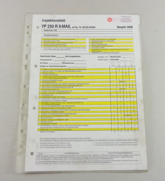 Inspektionsblatt Yamaha YP 250 R X-Max Typ SG 162 Baujahr 2008