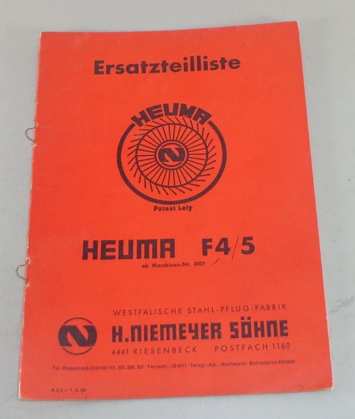 Teilekatalog / Ersatzteilliste Niemeyer Heuma F 4 / 5 Stand 02/1968