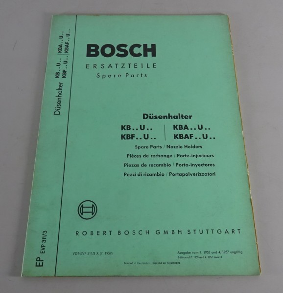 Teilekatalog Bosch Düsenhalter KB / KBF / KBA / KBAF.. U Stand 07/1959