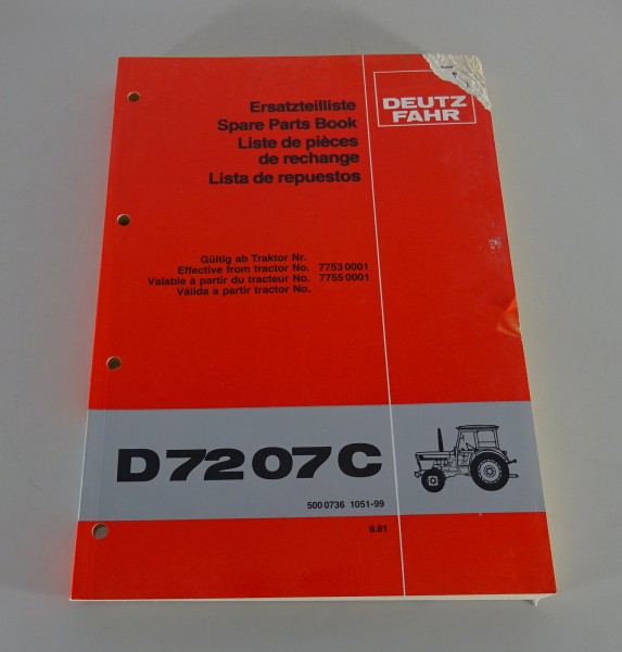 Teilekatalog / Ersatzteilliste Deutz Traktor D 72 07 C Stand 09/1981