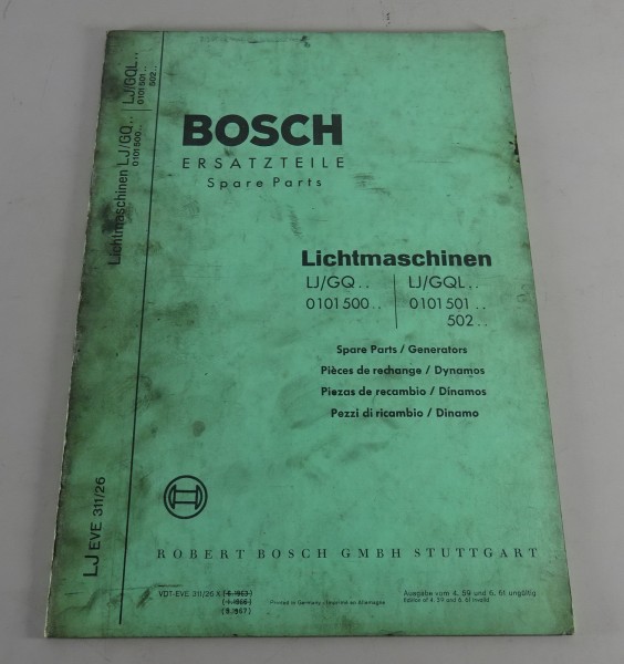 Teilekatalog Bosch Lichtmaschinen LJ/GQ.. LJ/GQL von 09/1967