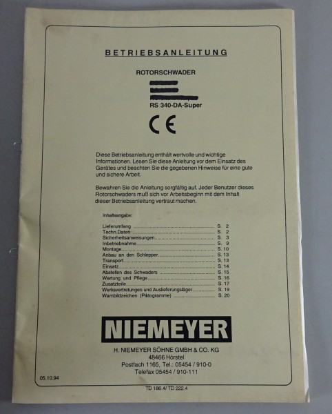 Betriebsanleitung / Handbuch Niemeyer Rotorschwader RS 340-DA-Super 10/1994