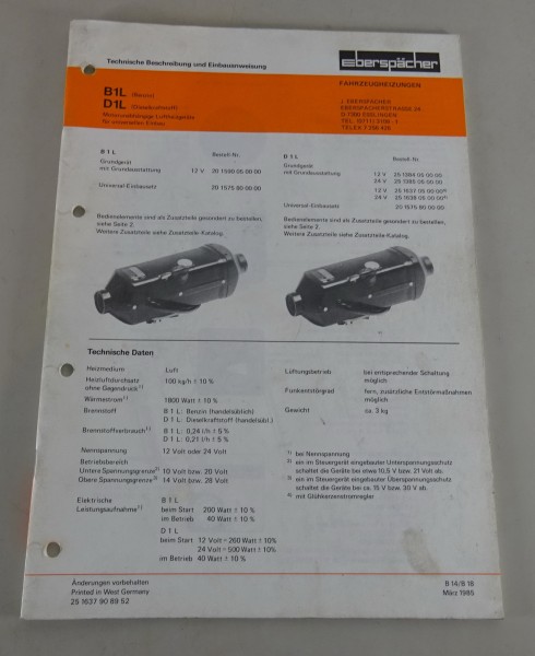 Technische Beschreibung/Einbauanweisung Eberspächer Heizgerät B1L /D1L von 03/85