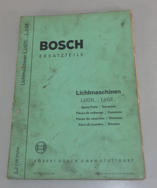 Teilekatalog Bosch Lichtmaschinen LJ/GTL.. LJ/GT.. von 05/1956