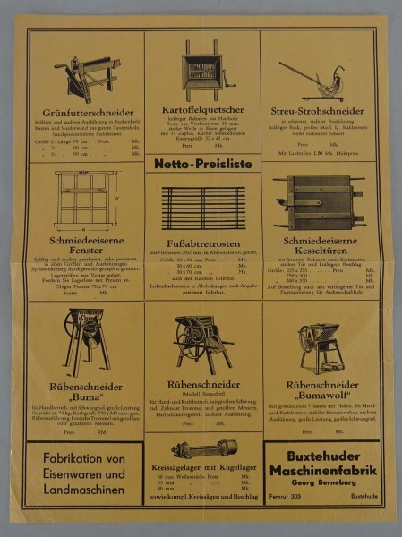 Prospekt/Prospektblatt Netto-Preisliste Buxtehuder Maschinenfabrik Stand ca.1935