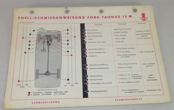 Shell Schmierplan für Ford Taunus 15 M G13 Weltkugel / Streifen Stand 01/1955