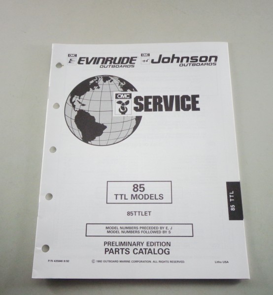 Teilekatalog OMC Evinrude Johnson Außenborder 85 TTL Models von 08/1992