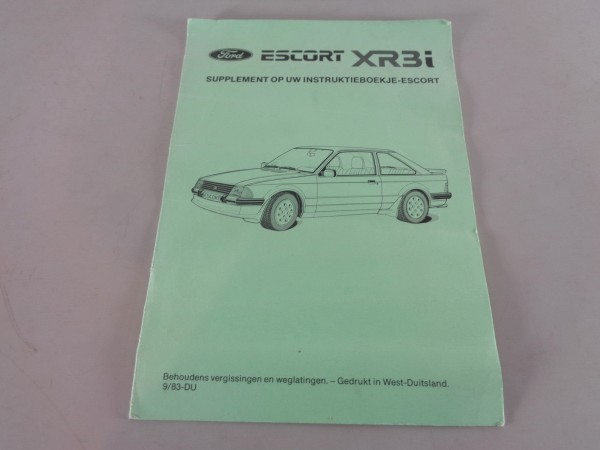 Supplement op uw Instruktieboekje Ford Escort XR3i van 09/1983