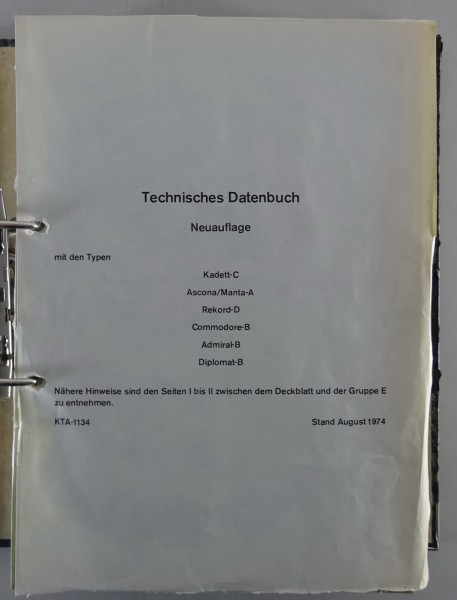 Technisches Datenbuch Opel Kadett, Ascona, Manta, Admiral, Diplomat von 1974