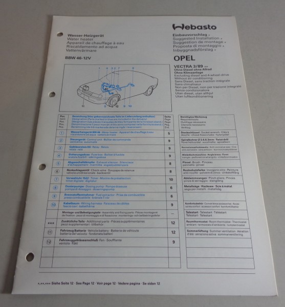 Einbauanweisung Webasto Standheizung BBW 46 - 12V für Opel Vectra Stand 03/1989