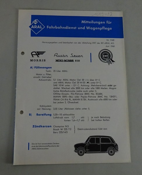 Service Mitteilung Aral Austin Morris / Mini Minor 850 / Seven Stand 06/1960