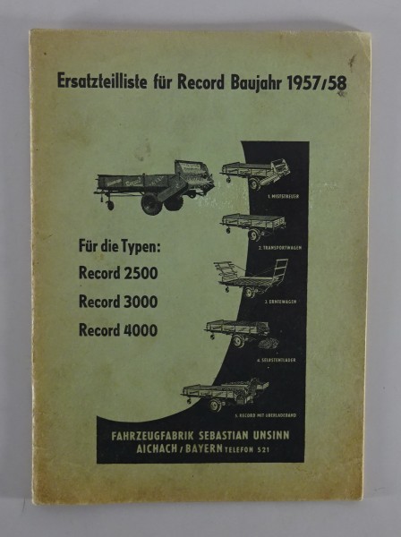 Teilekatalog / Ersatzteilliste Record Unsinn Baujahr 1957/1958