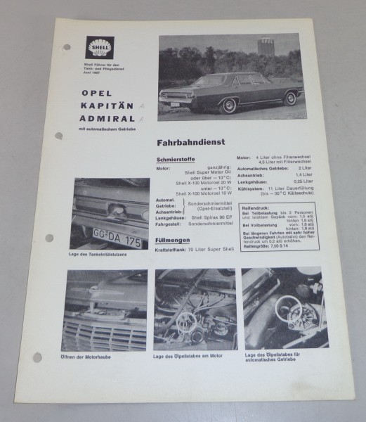 Shell Schmierplan für Opel Kapitän A / Admiral A Stand 06/1967