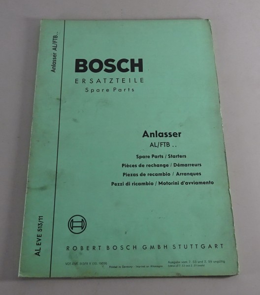 Teilekatalog Bosch Anlasser AL/FTB .. Stand 10/1959