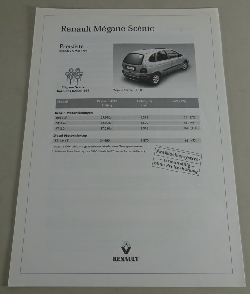 Prospekt / Preisliste Renault Mégane Scénic Stand 05/1997