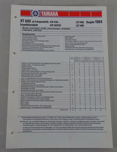 Inspektionsblatt Yamaha XT 600 Z Typ 43F Baujahr 1984