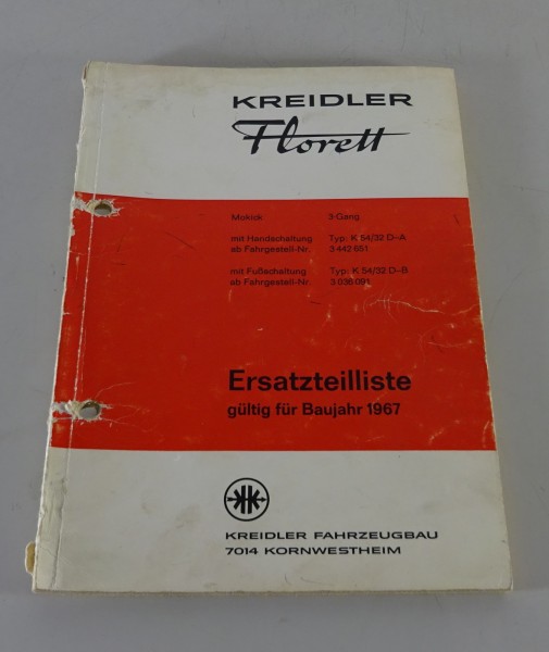 Teilekatalog / Ersatzteilliste Kreidler Florett Mokick 3 Gang K54/32 D-A Bj 1967