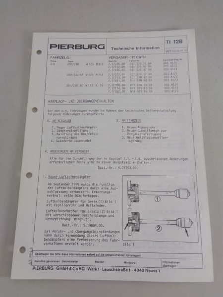 Technische Information Pierburg Vergaser 175 CDTU für Mercedes W123 200/230 1981