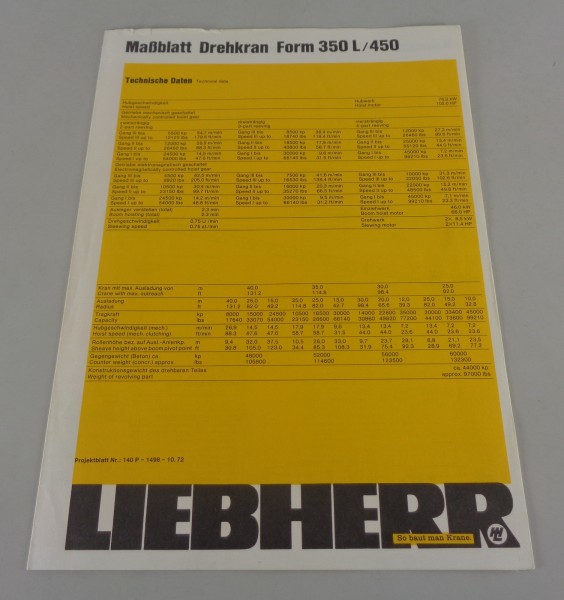 Datenblatt Liebherr Drehkran Form 350 L / 450 von 10/1972