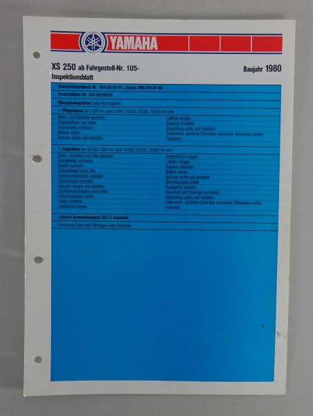 Inspektionsblatt Yamaha XS 250 / Typ 1U5 Baujahr 1980