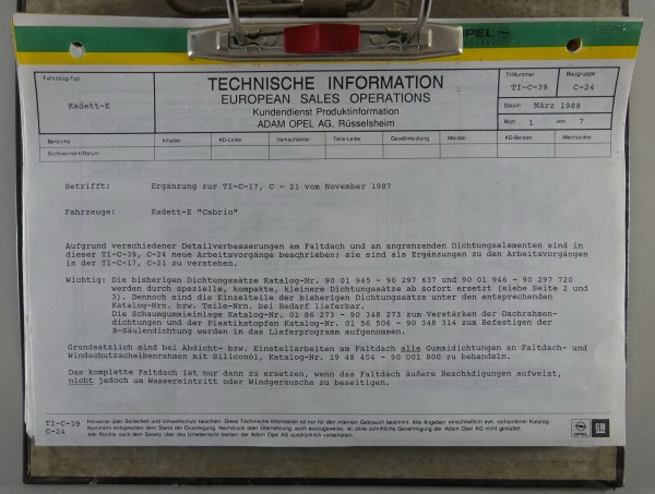 Technische Information Opel Kadett E Cabriolet Verdeck Stand 1988 - 1989