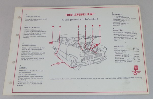 Shell Schmierplan für Ford Taunus 12 M Weltkugel G 13