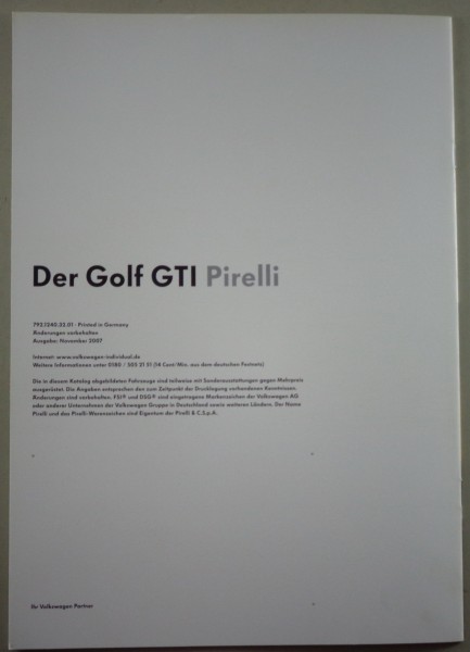 Prospekt/Broschüre VW Golf V GTI Pirelli 230 PS Stand 11/2007