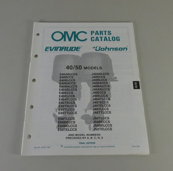 Teilekatalog Johnson Evinrude Außenborder / Outboards 40 / 50 Models von 5/1988