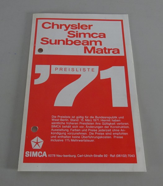 Preisliste / Prospekt Simca / Chrysler / Sunbeam / Matra Stand 03/1971