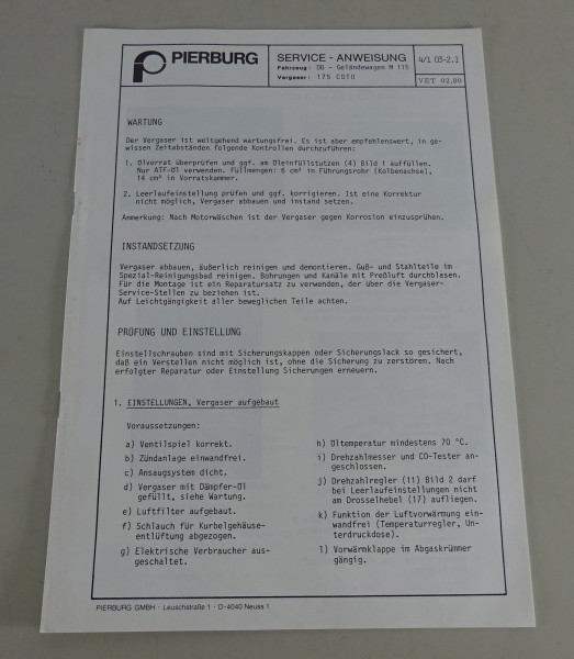 Handbuch Pierburg Vergaser 175 CDTU in Mercedes W460 230 G-Modell Stand 02/1980