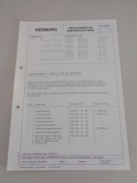 Technische Information Pierburg Vergaser 4A1 für Mercedes W114, W123, W116, W126