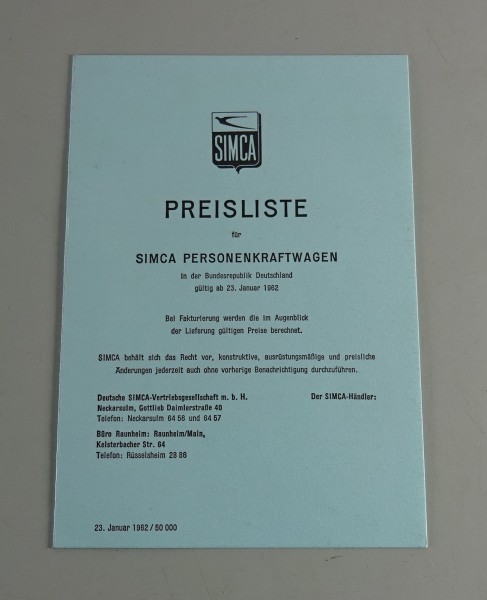 Preisliste Simca Aronde, Ariane + 1000 Stand 01/1962
