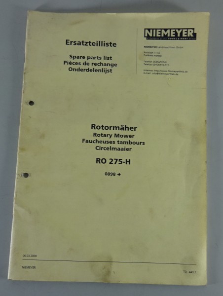 Teilekatalog / Spare Part List Niemeyer Rotormäher RO 275-H ab 8/98 Stand 3/2000