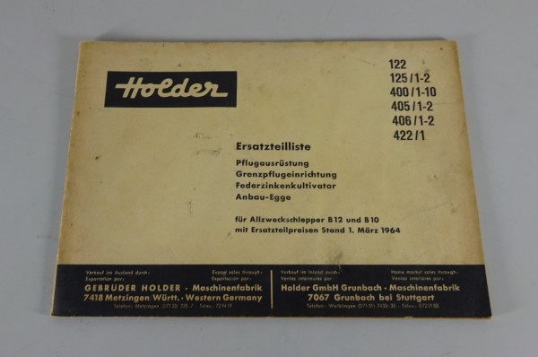 Teilekatalog / Ersatzteilliste Holder Pflugausrüstung Stand 03/1964
