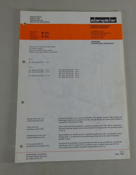 Teilekatalog / Ersatzteilliste Eberspächer Heizgeräte B3L / D3L von 08/1986
