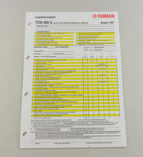 Inspektionsblatt Yamaha TDM 900 A Typ RN 18 Stand 2007