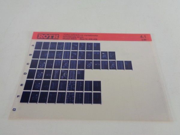 Microfich Teilekatalog Roth Toro Rasenmäher 400/4 mit Viertaktmotor von 03/1989