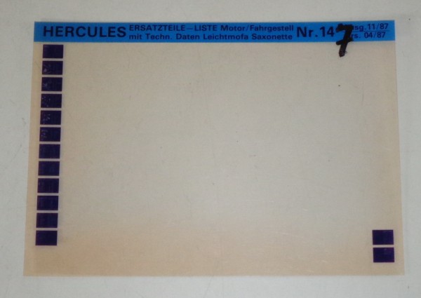 Microfich Ersatzteilkatalog Hercules Leichtmofa Saxonette Stand 11/87