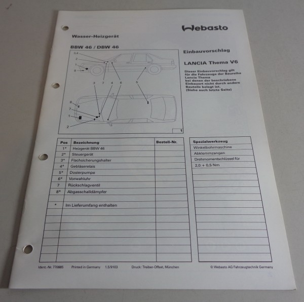 Einbauanweisung Webasto Standheizung BBW / DBW 46 für Lancia Thema V6 Stand 1991