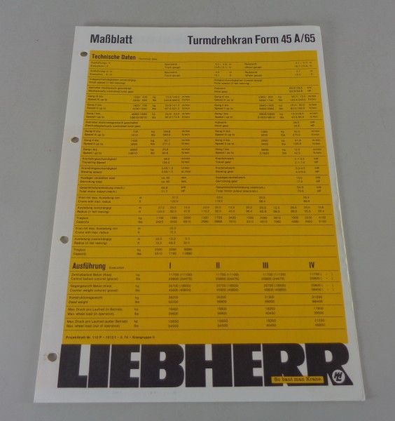 Datenblatt Liebherr Turmdrehkran Form 45 A/65 von 05/1974